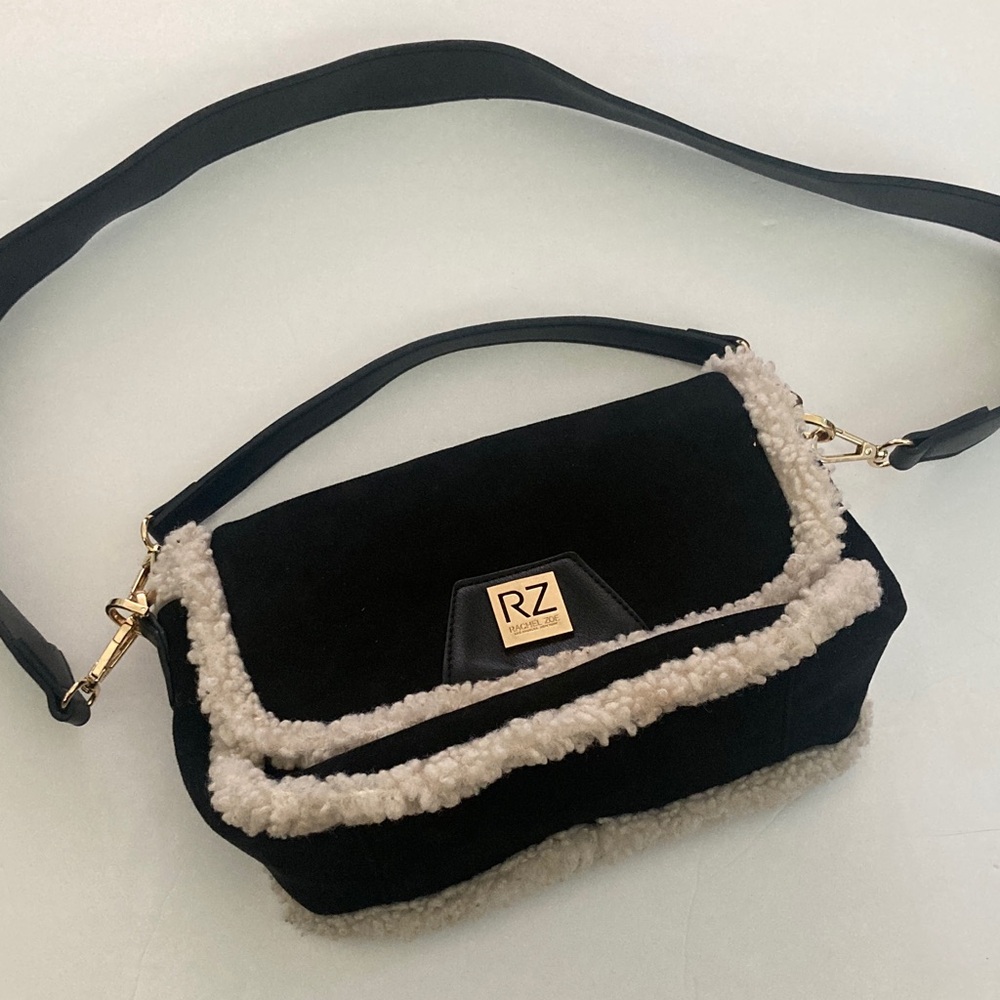 Rachel Zoe Black Faux Suede Shoulder Bag with Cream Shearling Trim